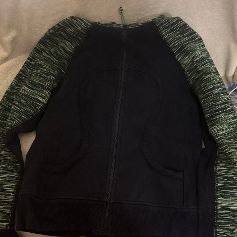 Navy Zip-Up Jacket with Green Marled Raglan Sleeves